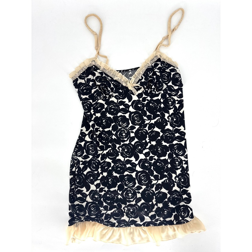Gilligan & O'Malley Floral Rose Chemise Nightgown Black Cream Lace Trim‎ Medium